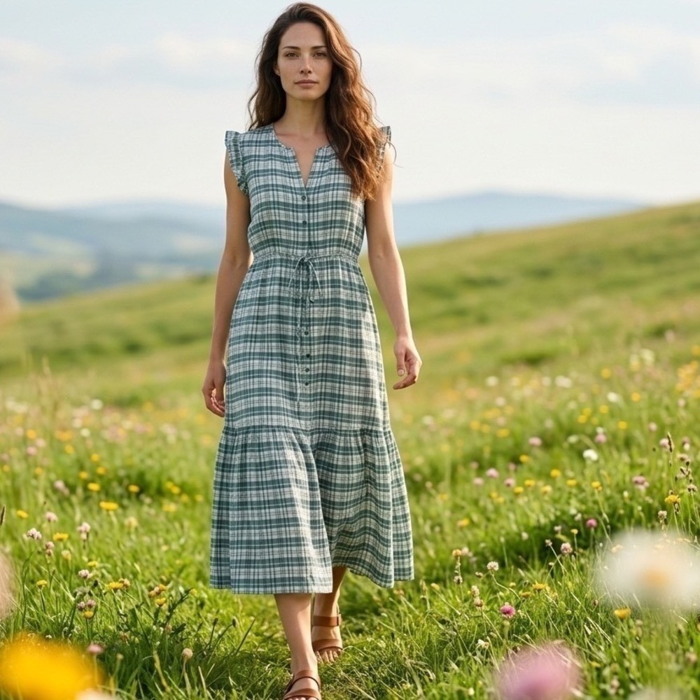 Olivia James Plaid Cotton Midi Dress Blue White Sleeveless Ruffle L Cottagecore